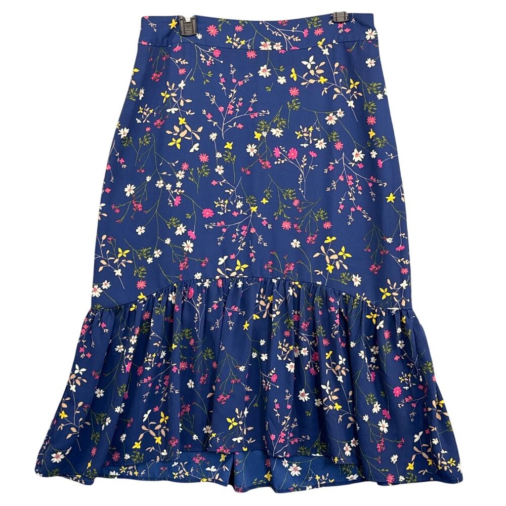 Paris Sunday Navy Blue Floral Boho Ruffle Midi Side Zip Skirt Women Large